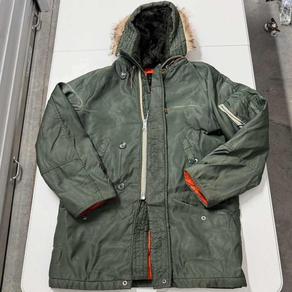 70s Sears Sportswear N-3B Parka Mens 38 Green Vintage Faux Fur Hood Talon Zip